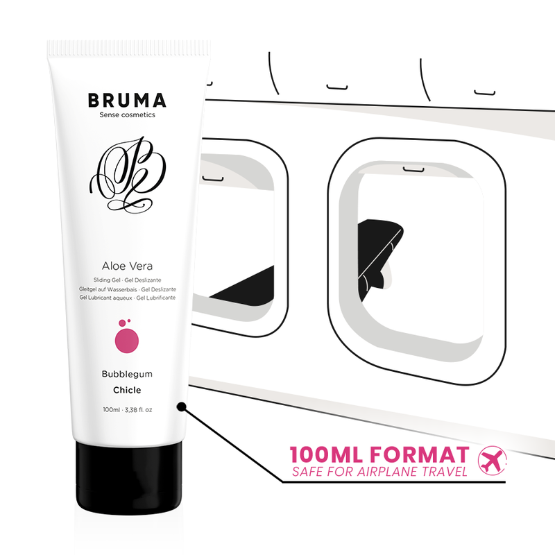 Detalhe do BRUMA Gel Deslizante Aloe Vera Sabor Bubblegum 100 ML, mostrando a embalagem e a textura do gel.