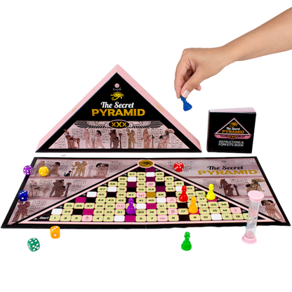Jogo de tabuleiro erótico SECRETPLAY A Pirâmide Secreta com tabuleiro, peões, dados e ampulheta para diversão adulta.