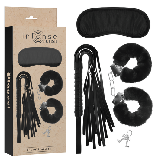 INTENSE FETISH Playset Erótico com algemas, máscara cega e flogger em couro vegano.