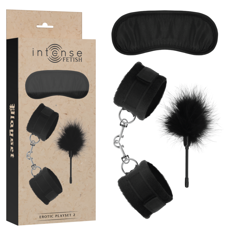 Conjunto erótico INTENSE FETISH com algemas, venda e tickler em couro vegano.