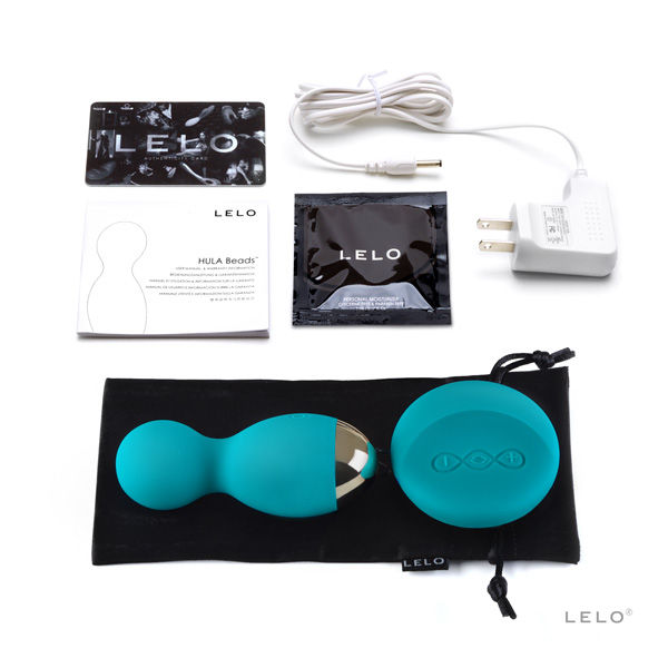 LELO Bolas de Prazer HULA Beads azuis com controlo remoto, detalhe do design e da embalagem.