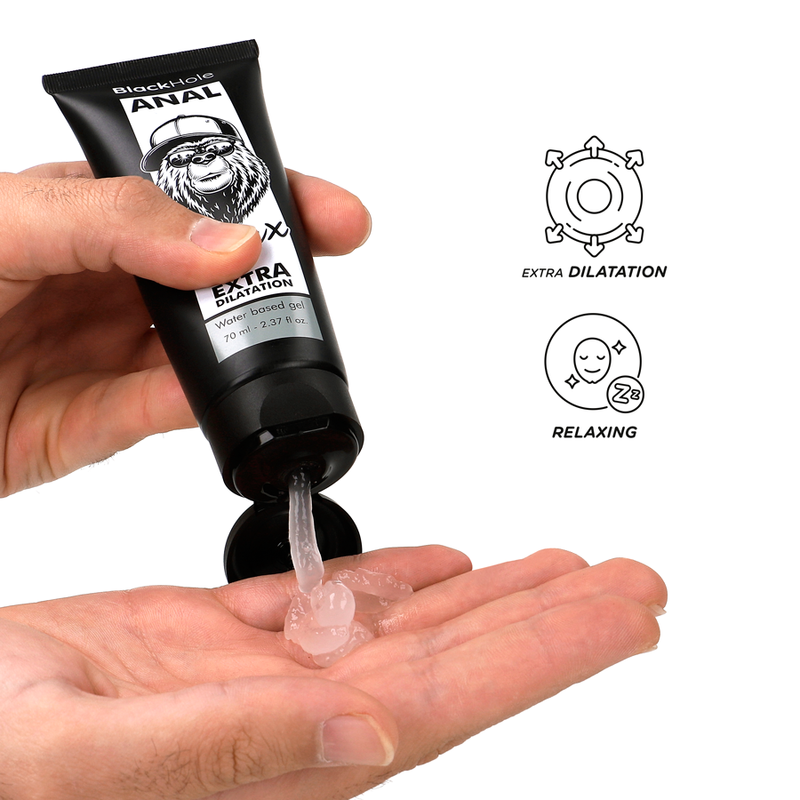 Close-up do BLACK HOLE Gel Dilatador Anal à Base de Água 70ml, mostrando a embalagem e detalhes.