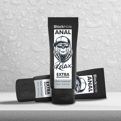 Close-up do BLACK HOLE Gel Dilatador Anal à Base de Água 70ml, mostrando a embalagem e detalhes.
