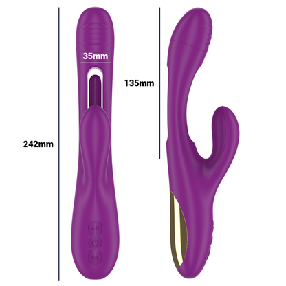 Vibrador feminino INTENSE Apolo roxo com língua oscilante e detalhes dourados.