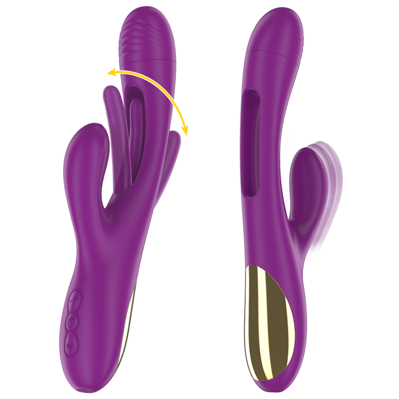 Vibrador feminino INTENSE Apolo roxo com língua oscilante e detalhes dourados.