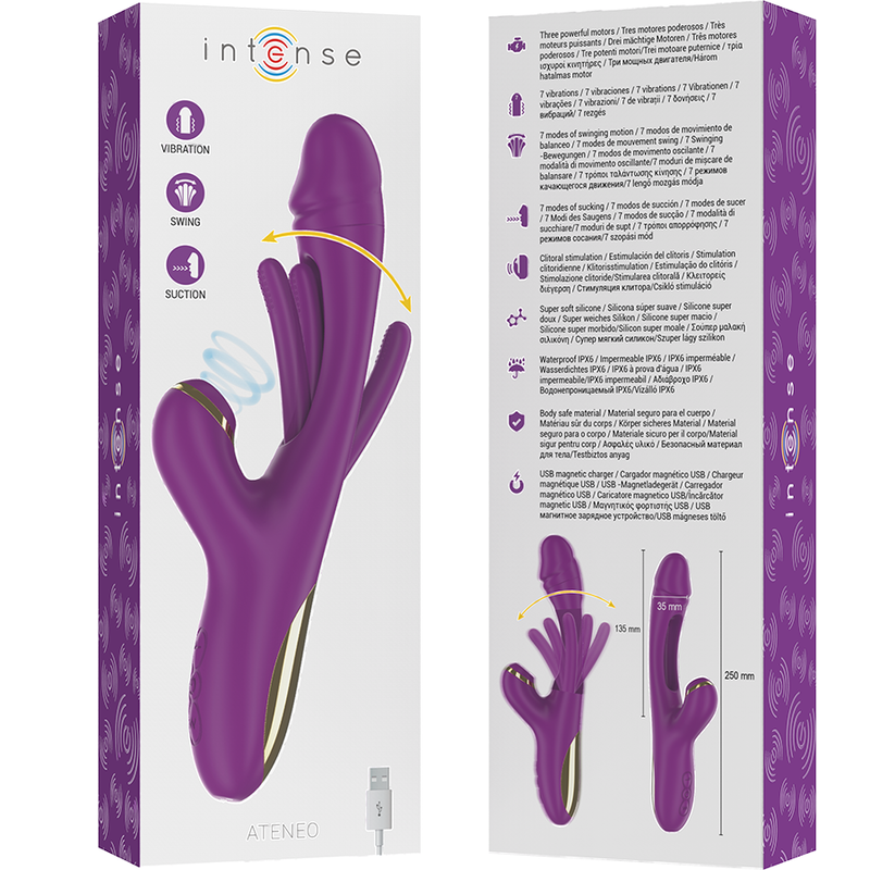 INTENSE Ateneo Vibrador Multifunções Recarregável com sucção e língua oscilante, na cor roxa.