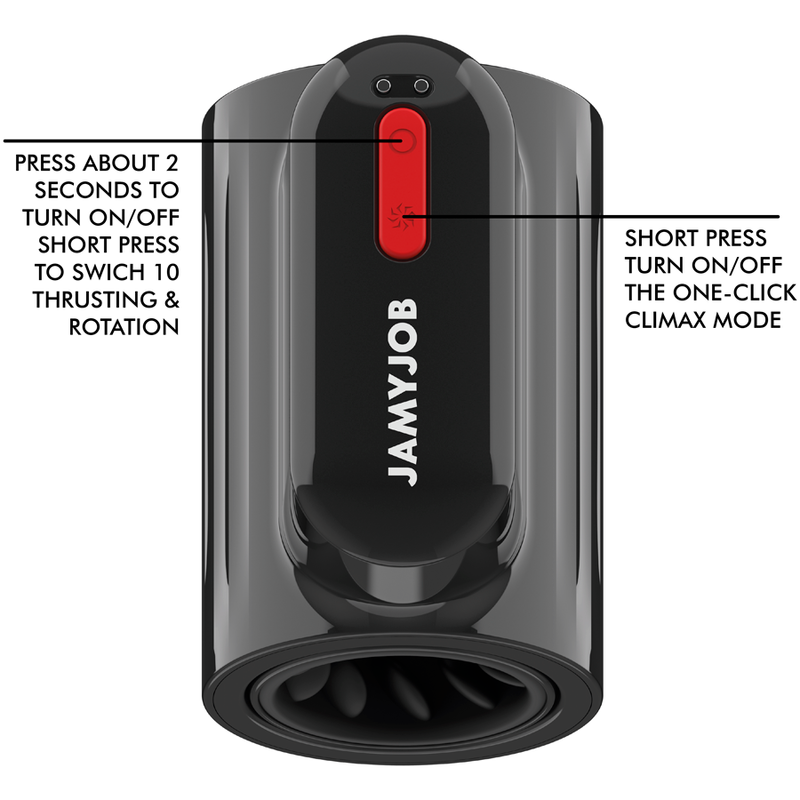 Masturbador Masculino JAMYJOB Vortex com detalhes em preto e vermelho, mostrando sua forma ergonômica e textura de silicone.