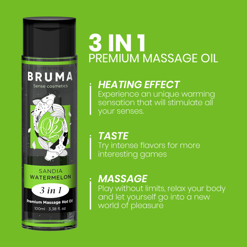 Frasco de Óleo de Massagem BRUMA Premium Efeito Calor Sabor Melancia 3 em 1 - 100 ML, mostrando a embalagem e o líquido.