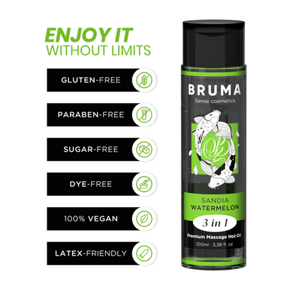 Frasco de Óleo de Massagem BRUMA Premium Efeito Calor Sabor Melancia 3 em 1 - 100 ML, mostrando a embalagem e o líquido.