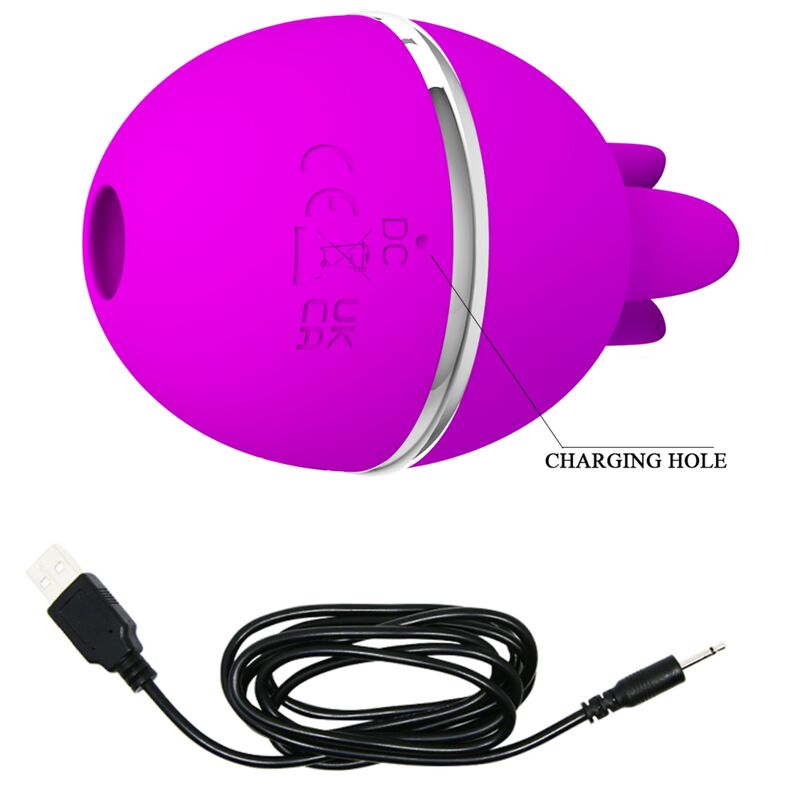 Close-up do PRETTY LOVE Vibrador de Silicone Bola Gemini Roxo, mostrando a sua textura suave e estimuladores de lamber únicos.