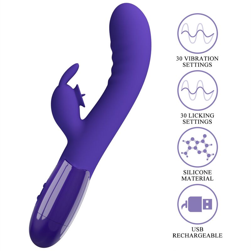 Close-up do Vibrador de Coelho PRETTY LOVE Cerberus Youth Violeta, mostrando seu design ergonómico e estimulador clitoriano.