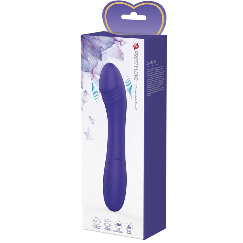 Close-up do Vibrador Dildo PRETTY LOVE Elemental Youth Violeta, mostrando a textura do silicone e o design ergonómico.