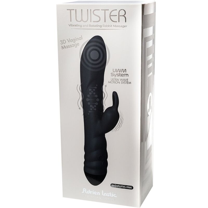Vibrador Twister Rotador Coelho Adrien Lastic preto com múltiplos motores e silicone de alta qualidade