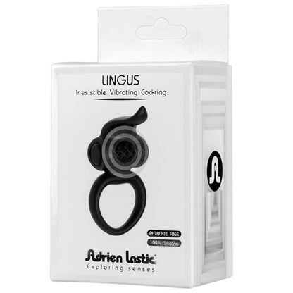Close-up do ADRIEN LASTIC Anel Vibrador Lingus Black, mostrando o anel duplo e o estimulador em forma de língua para prazer a dois.