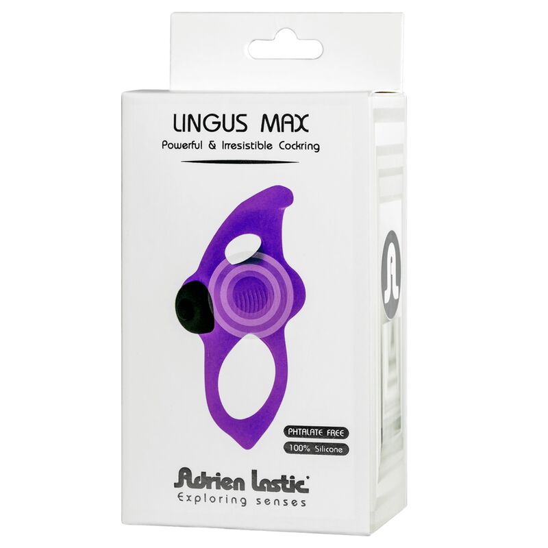 Close-up do anel vibrador Adrien Lastic Lingus Max roxo para casais, com destaque para a língua estimuladora.