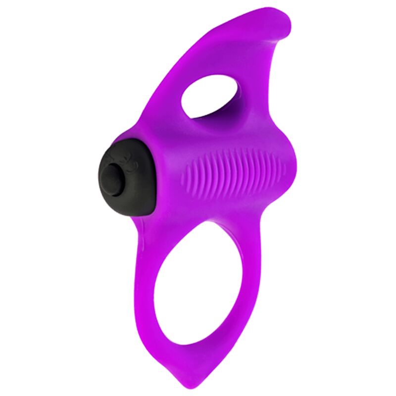 Close-up do anel vibrador Adrien Lastic Lingus Max roxo para casais, com destaque para a língua estimuladora.