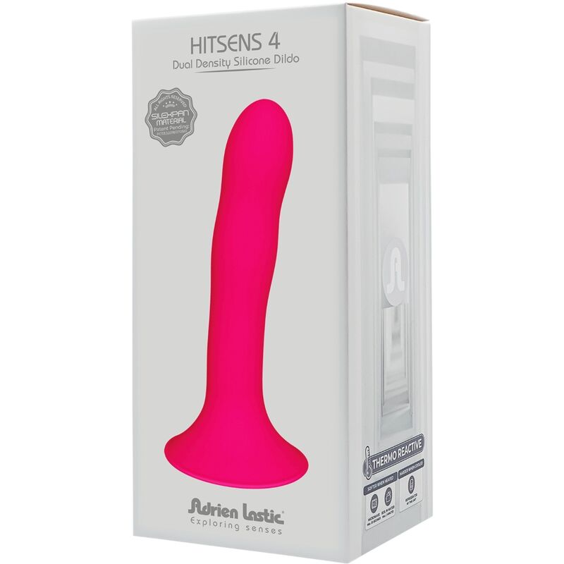 Close-up do vibrador de silicone Adrien Lastic Hitsens 4 Fúcsia, mostrando seu formato ergonômico e cor vibrante.