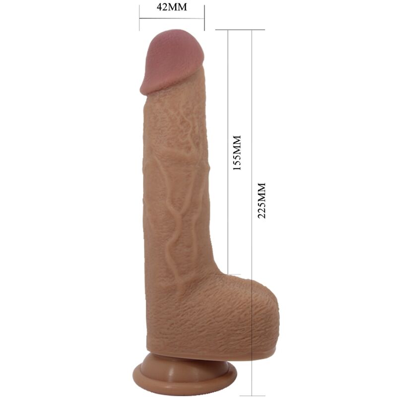 Close-up do vibrador dildo realista PRETTY LOVE Tommy de 22.5 cm, mostrando textura e funcionalidades de vibração e impulso.