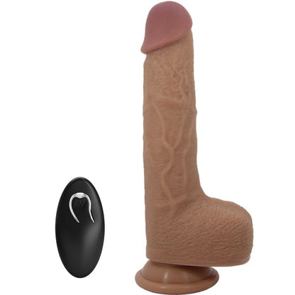Close-up do vibrador dildo realista PRETTY LOVE Tommy de 22.5 cm, mostrando textura e funcionalidades de vibração e impulso.