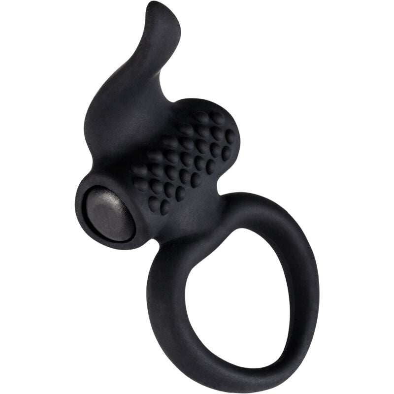 Close-up do ADRIEN LASTIC Anel Vibrador Lingus Black, mostrando o anel duplo e o estimulador em forma de língua para prazer a dois.