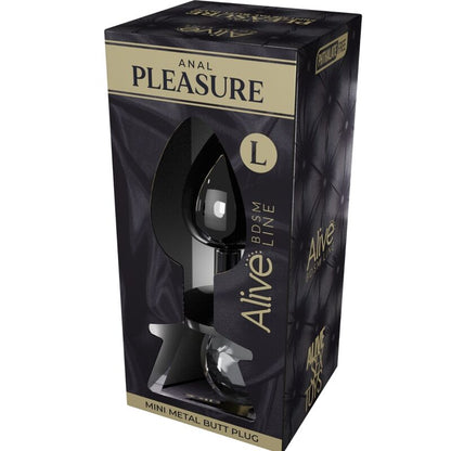 Close-up of the ALIVE Mini Plug Anal Metálico Preto Tamanho L showing its design and features.