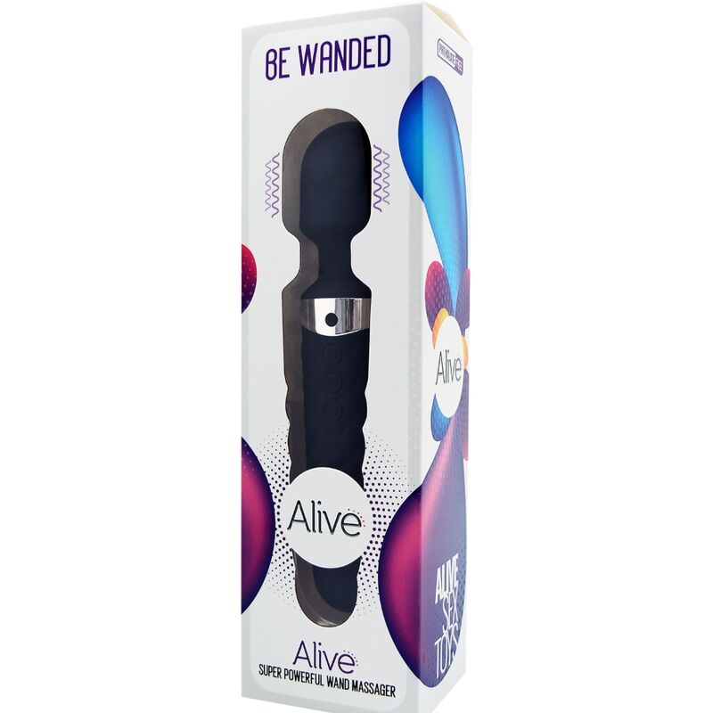 Vibrador massageador varinha ALIVE Be Wanded preto, mostrando o design ergonómico e a cabeça de estimulação.