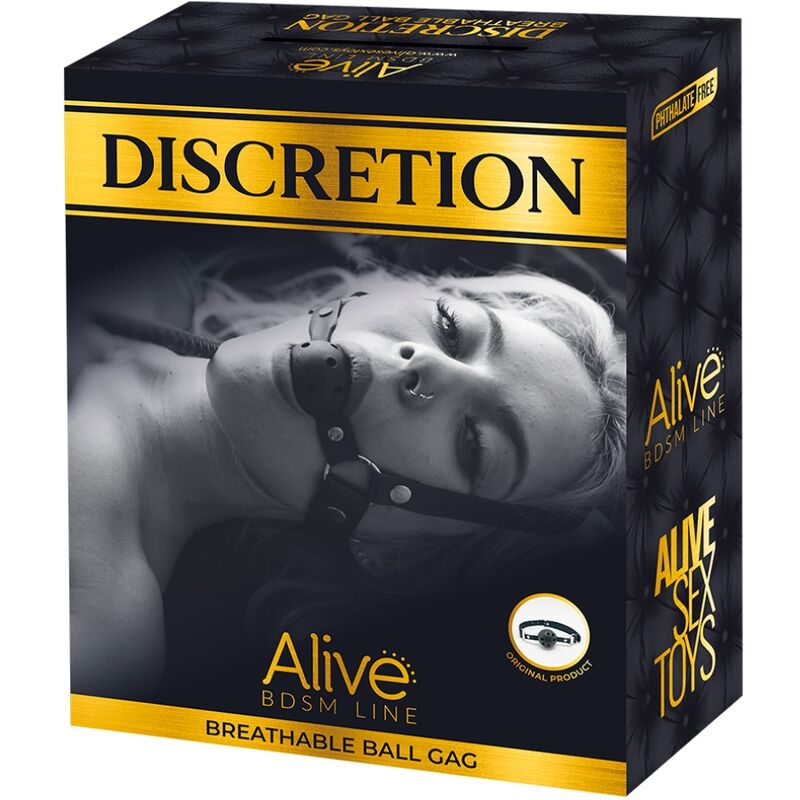 Mordaça Respirável ALIVE Discretion BDSM Preta, ideal para práticas consensuais e confortáveis.