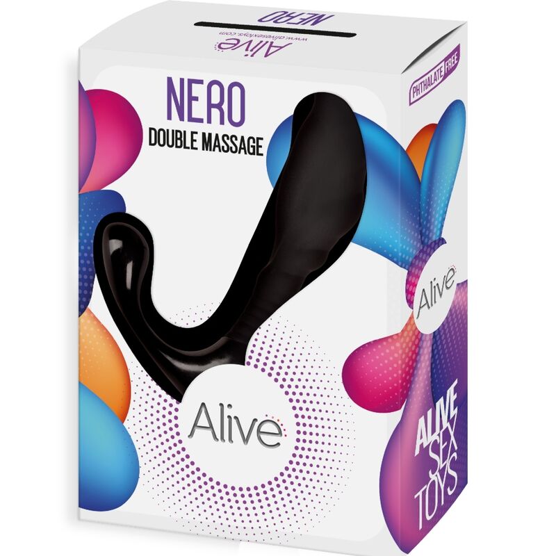 Close-up do ALIVE Nero Duplo Massageador Anal e Prostático, mostrando seu design ergonômico e material em silicone preto.