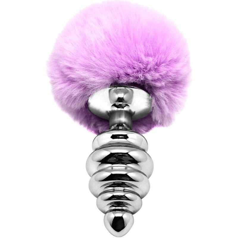 Close-up do ALIVE Plug Anal Espiral Metal Fluffy Violeta M, mostrando a textura do pompom e o design em espiral.