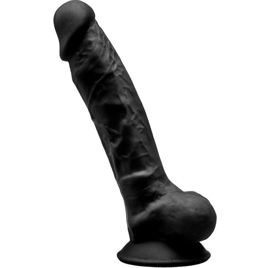 Imagem do SILEXD Dildo Realístico SILEXPAN Silicone Preto 17.5 CM com detalhes de textura e base de ventosa.