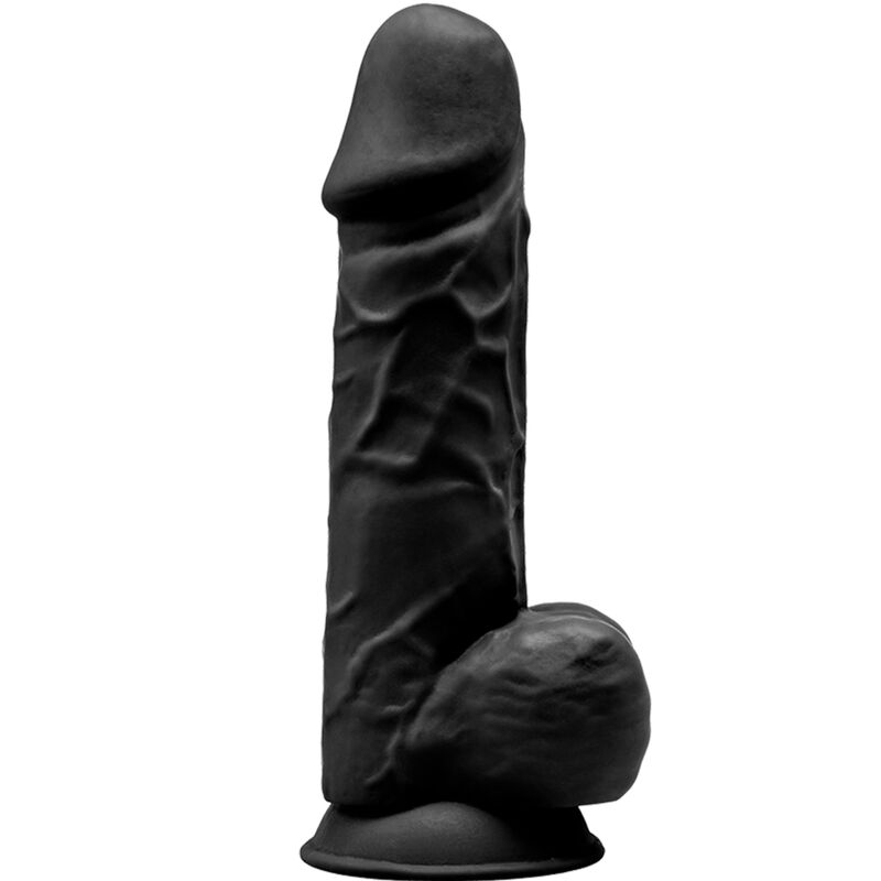 Close-up do Dildo Realístico Premium SILEXD Modelo 1 Silexpan Silicone Preto 21.5 cm, destacando sua textura realista e base com ventosa.