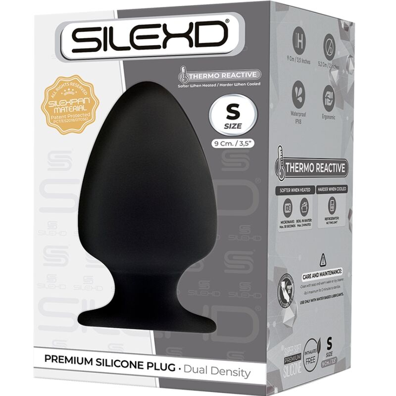 Close-up do Plug Anal SILEXD Silicone Termoreativo Silexpan Premium Tamanho S, mostrando sua textura suave e design ergonómico.