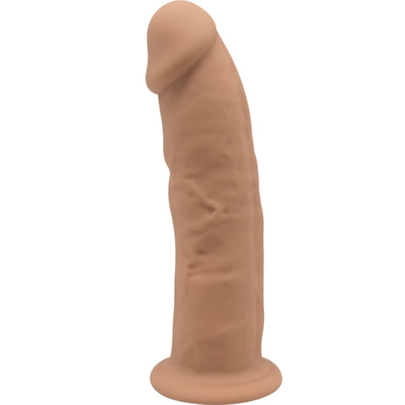 Close-up of the SILEXD Modelo 2 Dildo Realístico Premium Silexpan Silicone Caramelo 15.4 CM showing its texture and features.