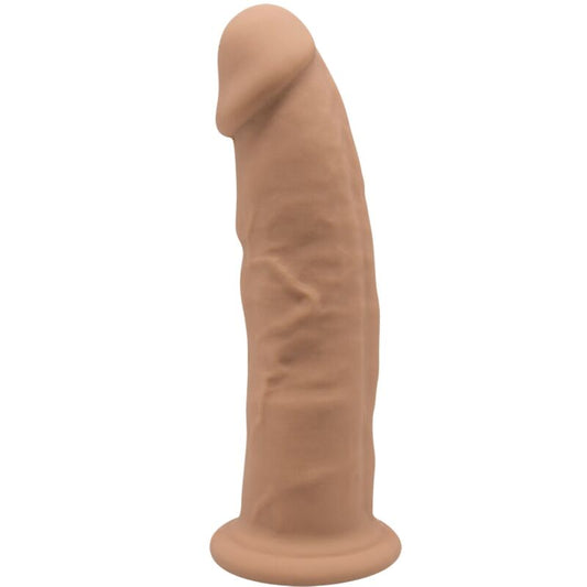 Close-up do Dildo Realístico SILEXD Silexpan Silicone Caramelo 19cm, mostrando sua textura realista e base com ventosa.
