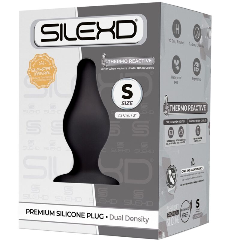 Close-up do SILEXD Plug Anal Premium Silicone Termorreativo Tamanho S, mostrando sua textura suave e formato ergonómico.