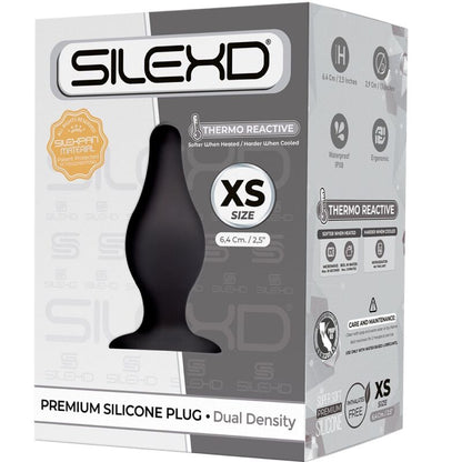Close-up do SILEXD Plug Anal Premium Silexpan Termorreativo Tamanho XS, mostrando seu formato suave e material de silicone.
