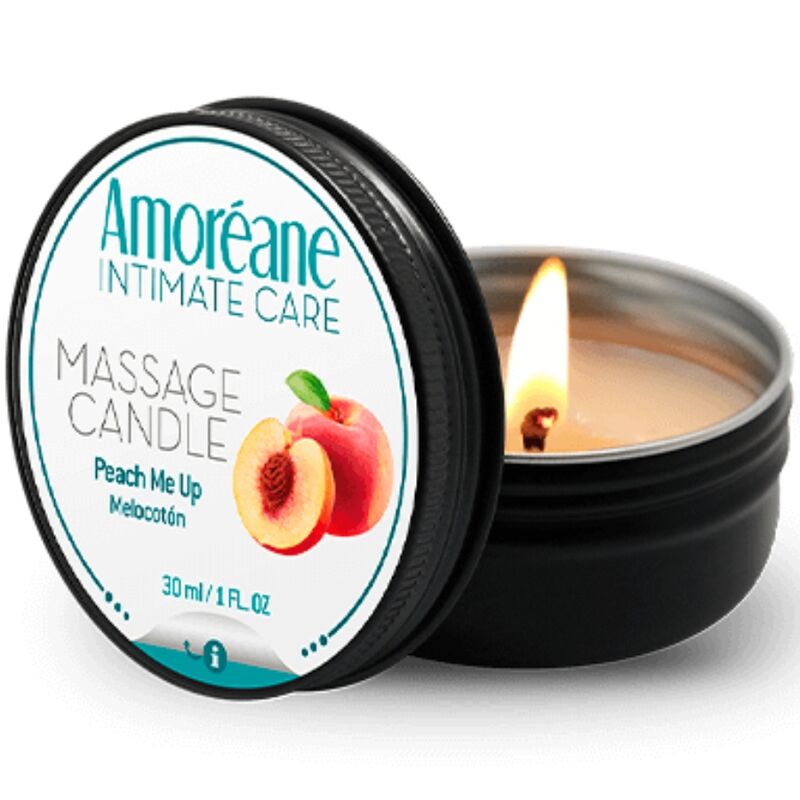 AMOREANE Vela de Massagem Pêssego 30 ML, mostrando o recipiente e a cera perfumada.