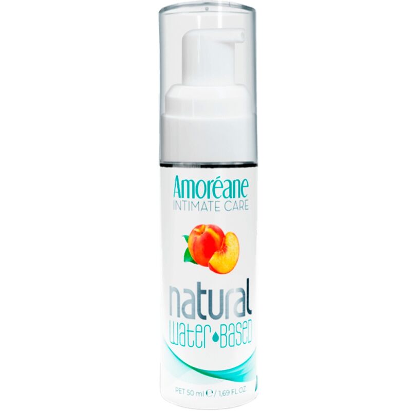 AMOREANE Lubrificante Íntimo à Base de Água Pêssego 50 ML, frasco e textura do gel