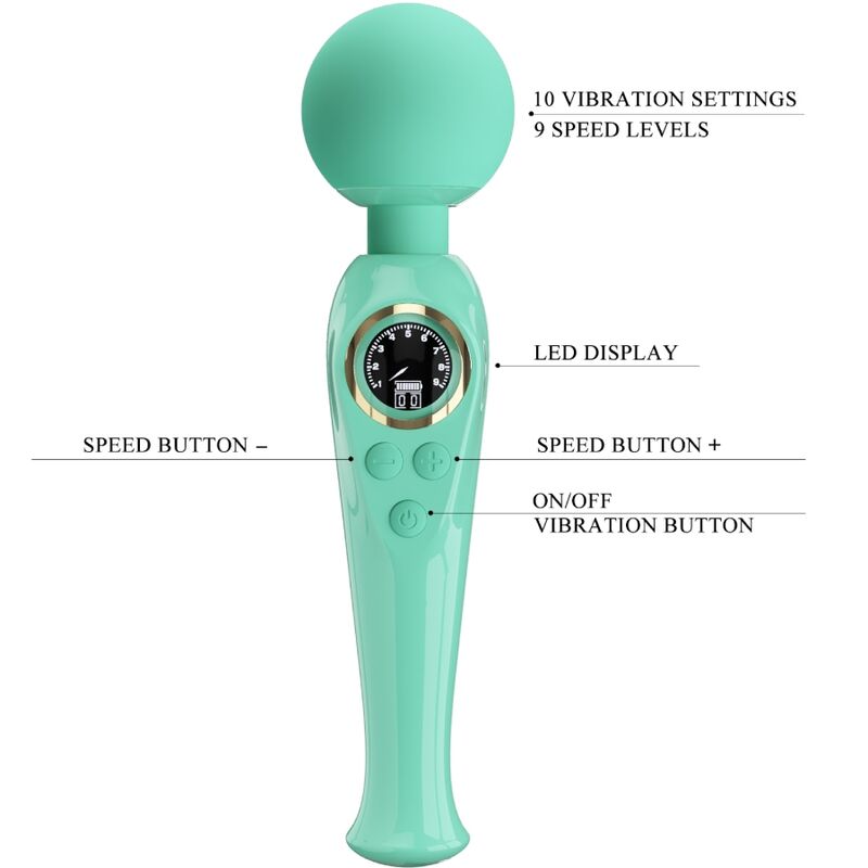 Vibrador de varinha PRETTY LOVE Skyler verde com ecrã LCD e cabeça flexível