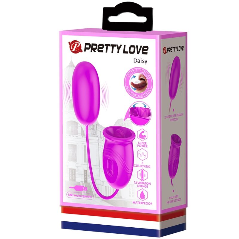 Vibrador PRETTY LOVE Daisy Dual Egg recarregável na cor roxa, mostrando seu design ergonômico e silicone macio.