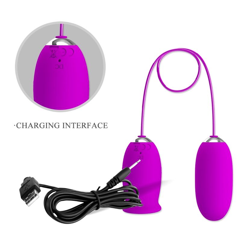 Vibrador PRETTY LOVE Daisy Dual Egg recarregável na cor roxa, mostrando seu design ergonômico e silicone macio.