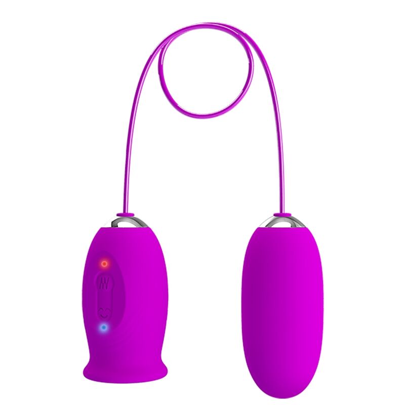 Vibrador PRETTY LOVE Daisy Dual Egg recarregável na cor roxa, mostrando seu design ergonômico e silicone macio.