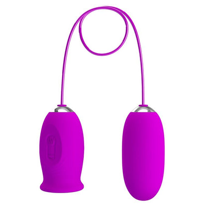Vibrador PRETTY LOVE Daisy Dual Egg recarregável na cor roxa, mostrando seu design ergonômico e silicone macio.