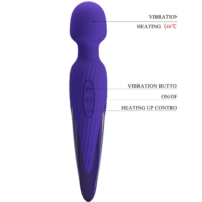 Close-up do Vibrador Wand PRETTY LOVE Antony Youth com Efeito de Calor Violeta, destacando seu design ergonômico e a cabeça de silicone macia.