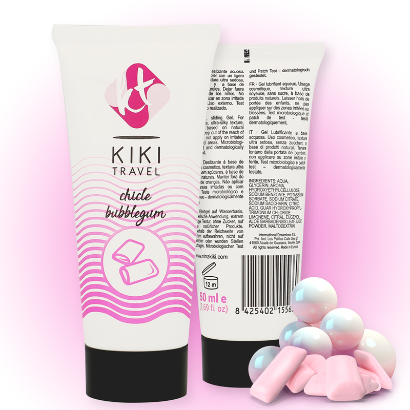 KIKÍ TRAVEL Lubrificante Goma Morango 50ml, embalagem e textura do produto