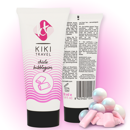 KIKÍ TRAVEL Lubrificante Goma Morango 50ml, embalagem e textura do produto