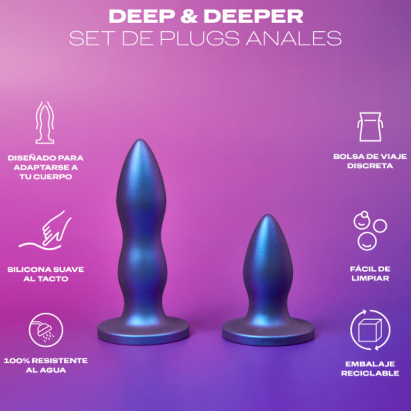 Close-up do Conjunto de Plug Anal DUREX Deep & Deeper, mostrando os dois tamanhos e a textura do silicone.