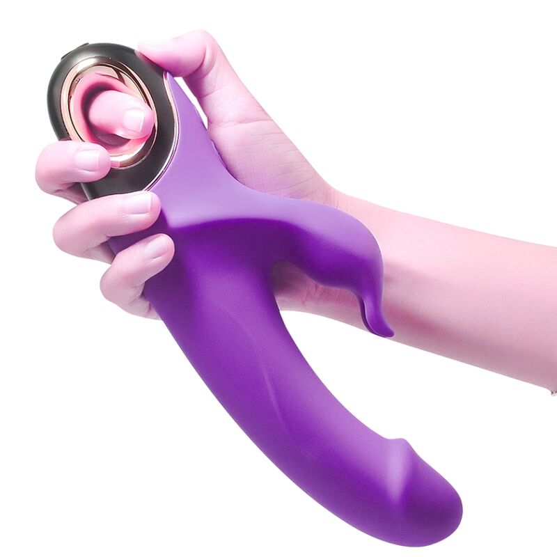 Vista detalhada do ARMONY Vibrador Dildo Coelhinho Meteor Roxo, mostrando seu design ergonómico, estimulador e material de silicone.