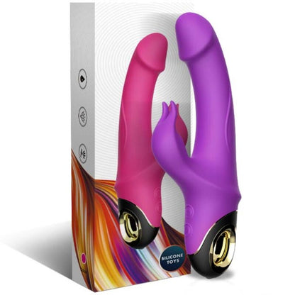 Vista detalhada do ARMONY Vibrador Dildo Coelhinho Meteor Roxo, mostrando seu design ergonómico, estimulador e material de silicone.