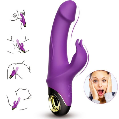 Vista detalhada do ARMONY Vibrador Dildo Coelhinho Meteor Roxo, mostrando seu design ergonómico, estimulador e material de silicone.